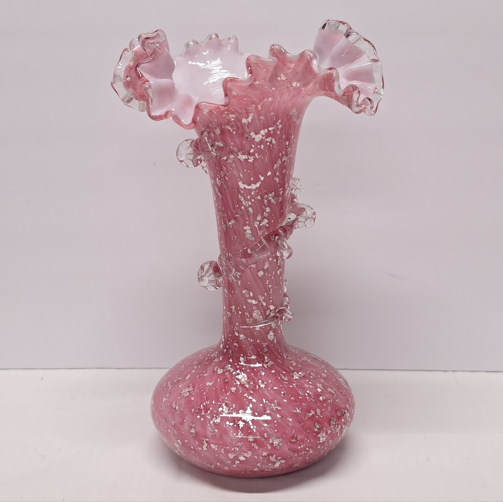 Antique Pink Ruffled Spangle Glass Silver Mica Flakes Vase Stevens & Williams